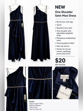 One-Shoulder Navy Satin Maxi Dress with Crystal Waistband